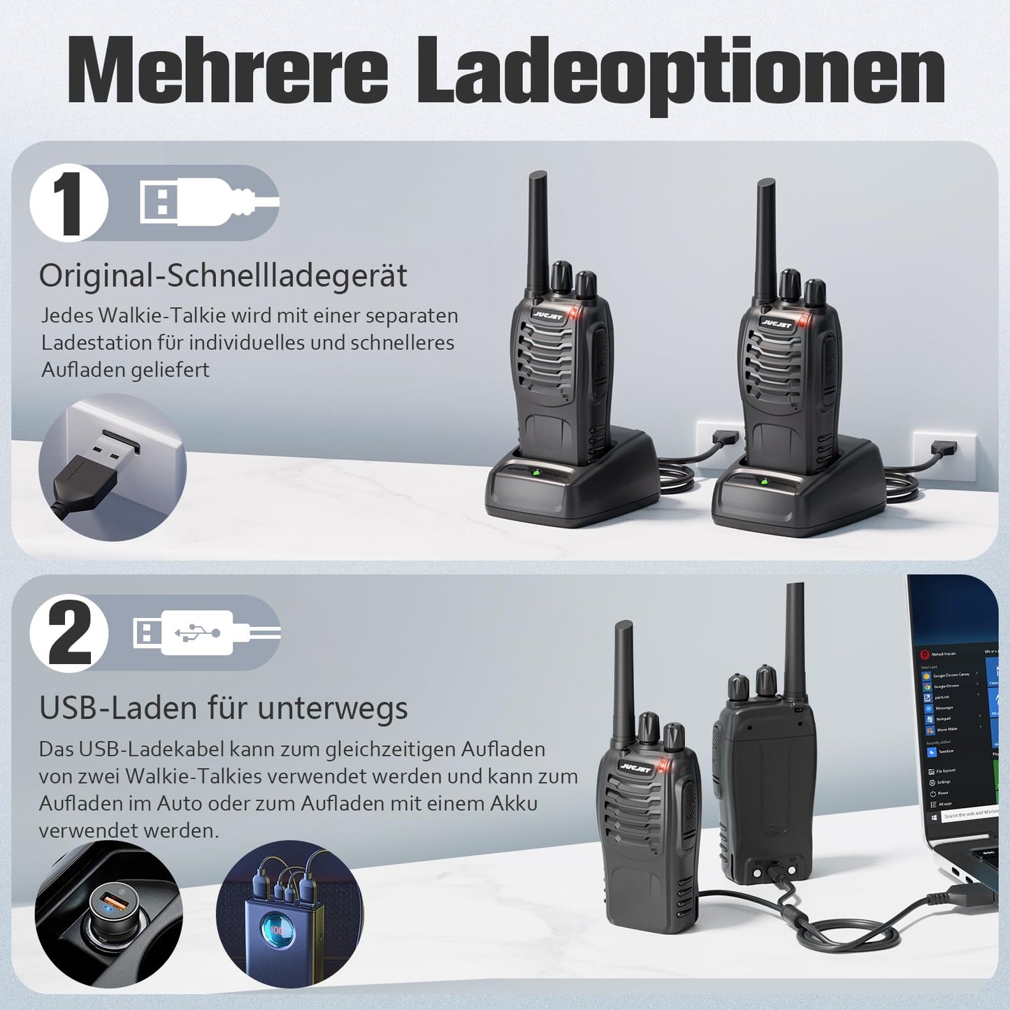 JUCJET 88E Walkie Talkie, License-free PMR446 16 channel radios, handheld radio with built-in LED flashlight. Comes with 2-in-1 Type-C charging cable, USB charging station, and headset (Black, 2 pieces)