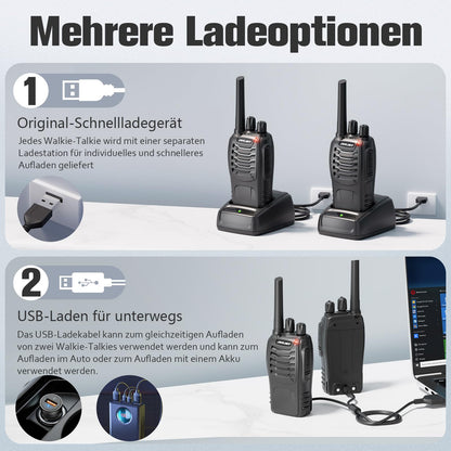 JUCJET 88E Walkie Talkie, License-free PMR446 16 channel radios, handheld radio with built-in LED flashlight. Comes with 2-in-1 Type-C charging cable, USB charging station, and headset (Black, 2 pieces)