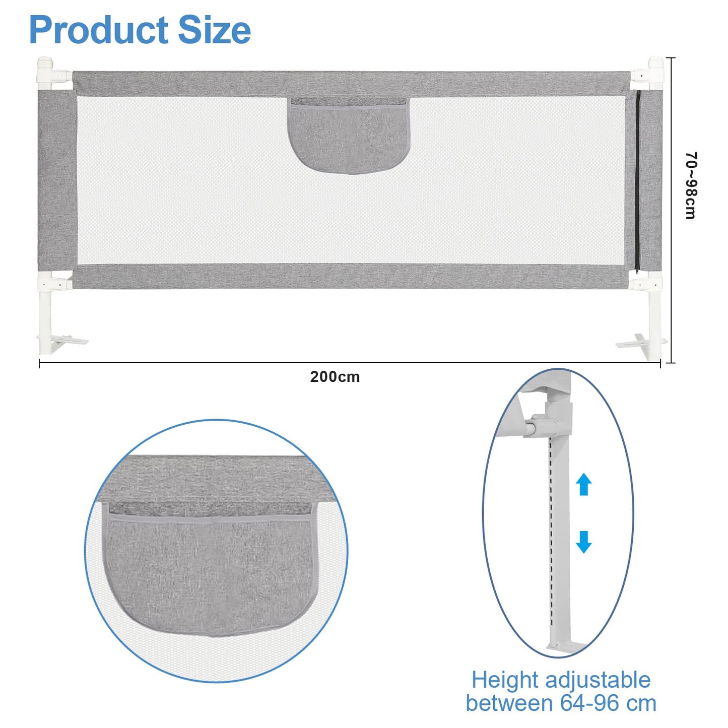 Ikodom Bed Rail Guard 200cm Bed Safety Guard, Children's Bed Rail for Kids & Parent Beds, Adjustable Height 64-96cm with Mesh, Stable, Gray
