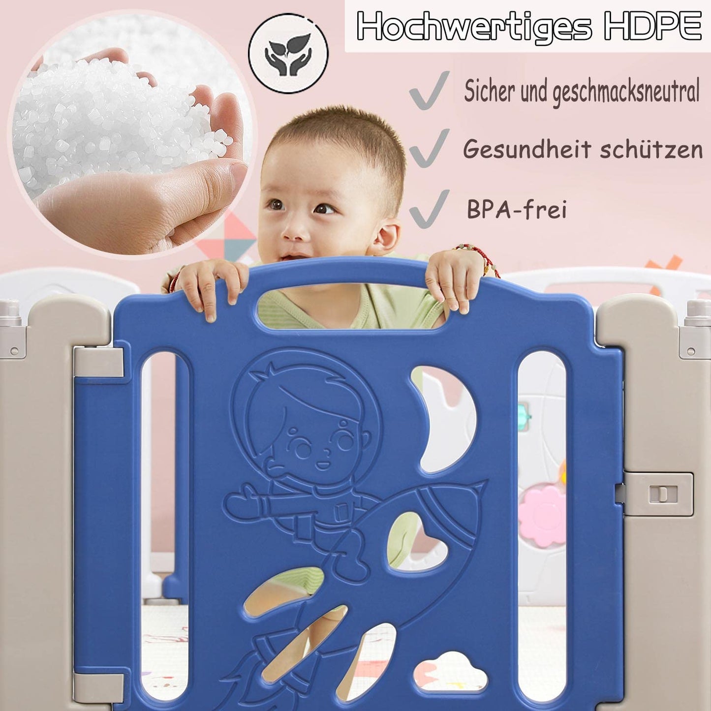 NAIZY Playpen for Baby 12+2 foldable Playard with Toy Panel & Door Panel Crawling Grid Non-slip HDPE Safety Gate Playpen for Kids Indoor and Outdoor, Blue+White