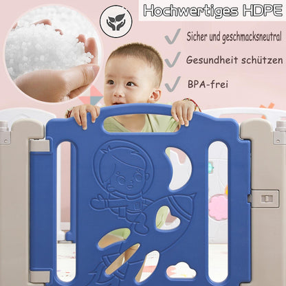 NAIZY Playpen for Baby 12+2 foldable Playard with Toy Panel & Door Panel Crawling Grid Non-slip HDPE Safety Gate Playpen for Kids Indoor and Outdoor, Blue+White