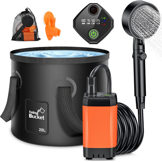 Rsaoty Camping Shower with Pump, 3000mAh Camping Shower Battery, Mobile Showers Outdoor Showers with 20L Foldable Bucket, Shower Head and 2M Hose, for Garden, Beach, Pet, Car Washing, Travel.