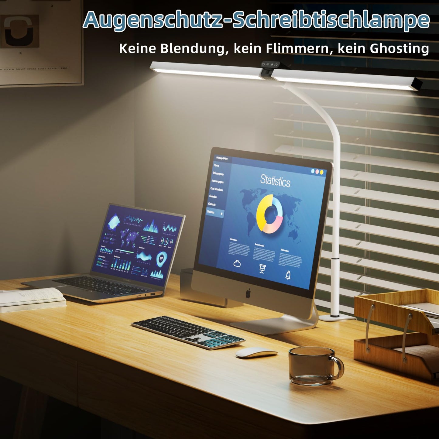 brightower Double Head Desk Lamp LED Dimmable, 24W 80CM Desk Lamp Clampable for Home Office, Daylight Lamp with Remote Controls, Gooseneck Office Table Lamp 5 Color Modes White