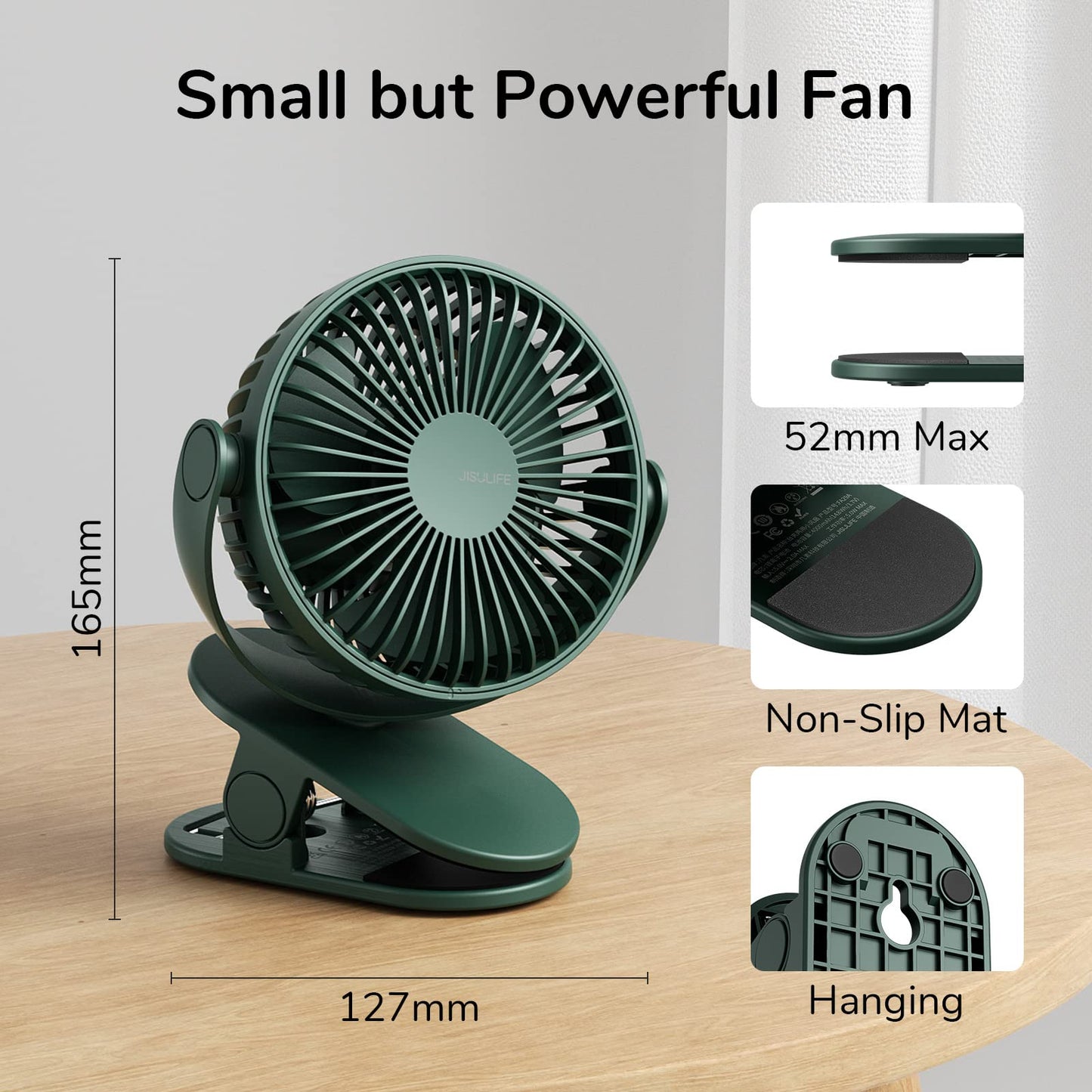 JISULIFE Clip-on Table Fan, Mini Stroller Fan, 4000mAh USB Small Fan with 16 hours, 4 modes Quiet Battery Fan for Outdoor Camping Golf Cart Indoor Treadmill - Green