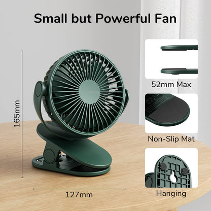 JISULIFE Clip-on Table Fan, Mini Stroller Fan, 4000mAh USB Small Fan with 16 hours, 4 modes Quiet Battery Fan for Outdoor Camping Golf Cart Indoor Treadmill - Green