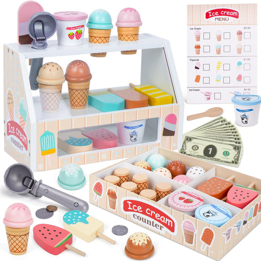Ice cream parlor kids wooden, kids kitchen accessories for ages 3 and up, wooden toy kitchen accessories, wooden ice cream shop kids grocery store, Montessori toy Christmas kids toys for boys girls.