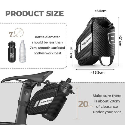 ROCKBROS bike saddle bag with bottle holder, reflective, suitable for MTB, road bike, folding bike. Black, approx. 1L capacity.