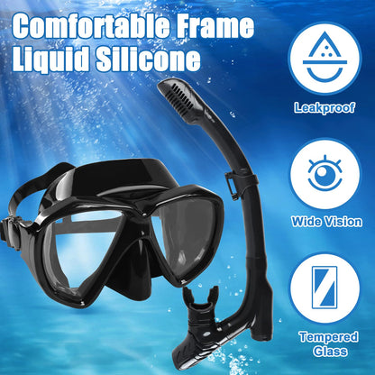 Adults and kids snorkel set, snorkeling set with dry snorkel and diving mask, 180° anti-leak anti-fog diving mask with nose for snorkeling, swimming, and diving (cyan)