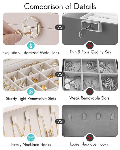 Vlando Jewelry Box for Girls Women, Double-Layer Jewelry Case, Lockable Jewelry Chest, Jewelry Storage Box for Rings Earrings Bracelets Necklaces, Jewelry Organizer.