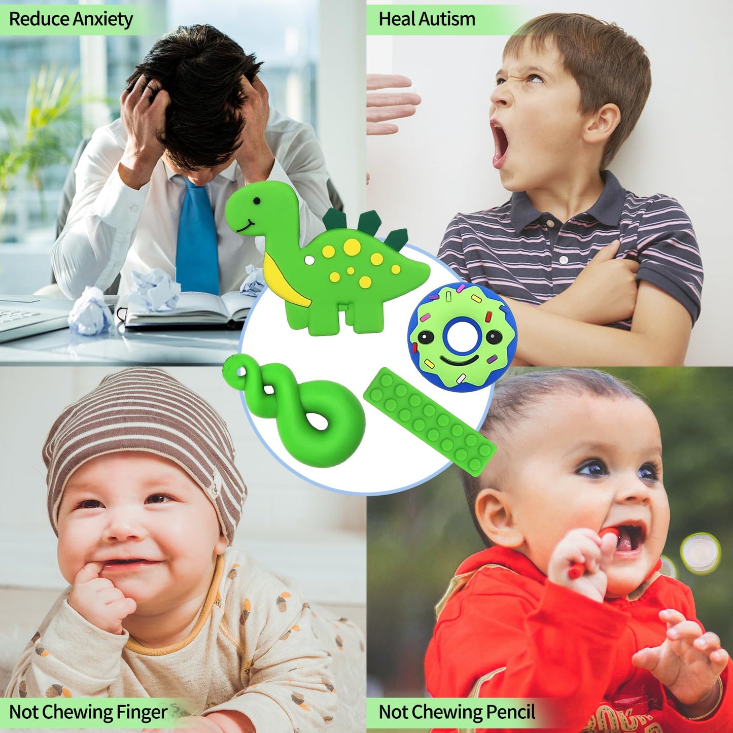 Chew Necklace for Kids, 6 Piece Sensory Chewing Necklace, Silicone Teether for Baby, Autism Toy for Boys and Girls, Perfect for Children with ADHD, Teething, Biting, Nail Biting (Green)