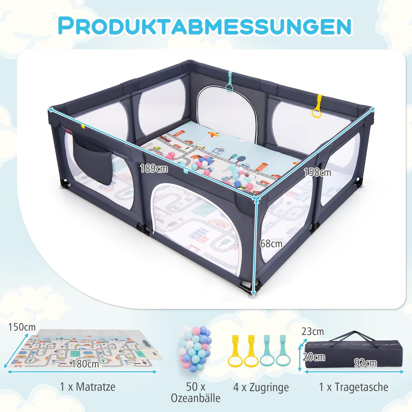 DREAMADE Playpen Baby, 189 x 158 cm Play Yard with Mattress & 4 Pull Rings & 50 Ocean Balls & Carrier Bag, Large Safety Gate for Babies & Toddlers 0-3 Years (with Mattress, Dark Grey)