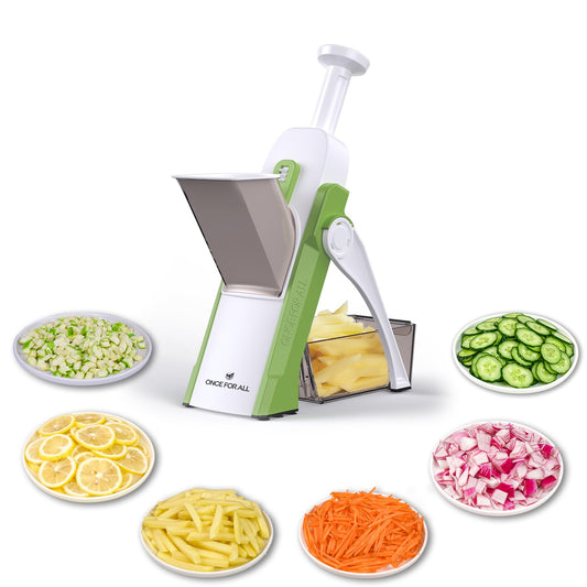 ONCE FOR ALL Vegetable slicer with collecting container, vegetable slicer ideal for cutting fries & potatoes, onion slicer cucumber slicer - dice slicer, julienne slicer.