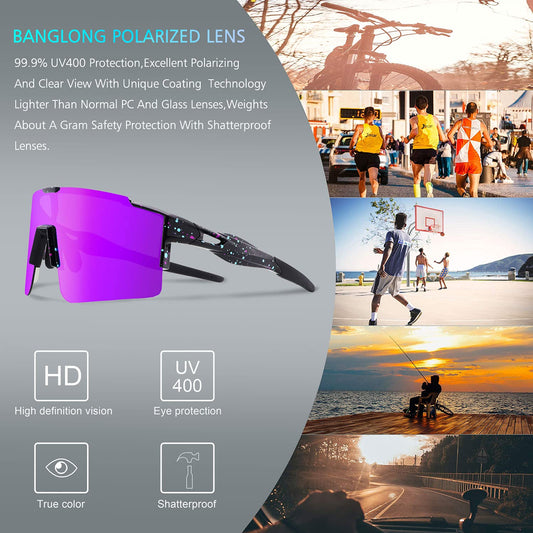 BangLong Polarized Sunglasses, Cycling Glasses for Men Women UV 400 Protection with 3 Interchangeable Lenses, Protective Eyewear for Outdoor Sports Cycling Running Golf.