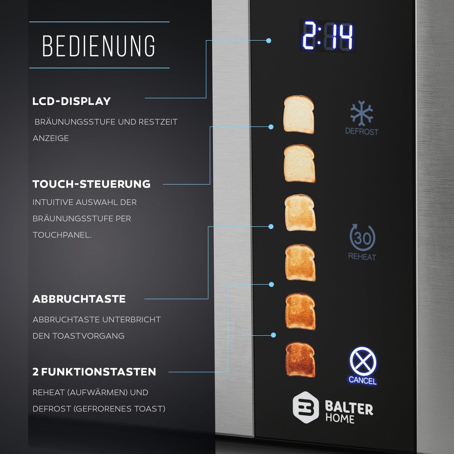Balter 4-Slice Toaster, Touch Control, Long Slot, Stainless Steel, Bun Warmer, LCD Display, Defrost Function, Bread Centering, TS-34