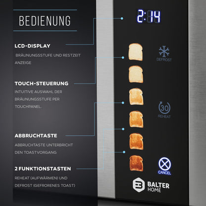 Balter 4-Slice Toaster, Touch Control, Long Slot, Stainless Steel, Bun Warmer, LCD Display, Defrost Function, Bread Centering, TS-34