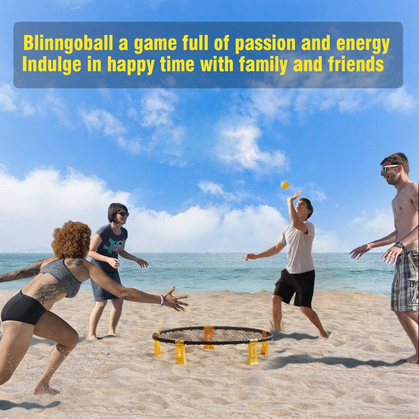 Mooki's Blinngoball Roundnet game for families spiderball set includes game net, 2 balls, drawstring bag, ball pump with 1 needle, and manual.