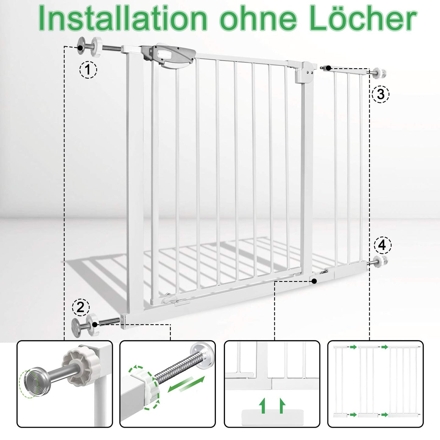 YARDIN door and stair safety gate without drilling, 75-85cm baby gate, childproofing stair gate for kids and dogs, auto-close, one-handed opening, White.