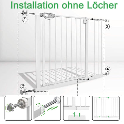 YARDIN door and stair safety gate without drilling, 75-85cm baby gate, childproofing stair gate for kids and dogs, auto-close, one-handed opening, White.