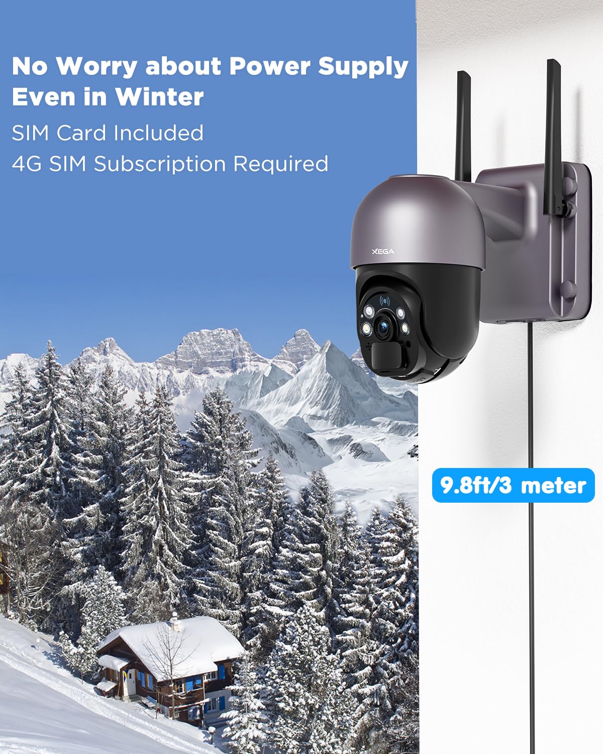 Xega 4G LTE surveillance camera with SIM card Outside【20W Solar Panel】20,000mAh Battery 2K 3MP PTZ Solar Wireless Surveillance Camera without WiFi, 355°/95° Rotatable, Color Night Vision, PIR Detection (No WiFi)