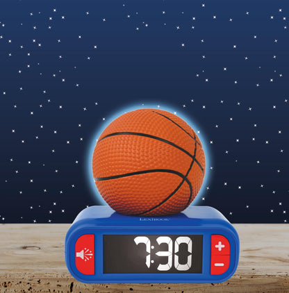 Lexibook, basketball, basketball night light alarm clock, sounds and melodies, LCD screen with backlight, illuminated, snooze, blue/orange, RL800BA.