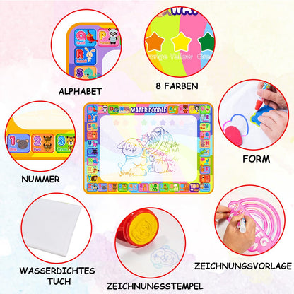 Aqua Magic Doodle Mat - Water Drawing Mat 100 * 70cm Kids, Large Magic Drawing Mat with Water Book, 4 Magic Pens, 8 Stamp Set Toy for 2 3 4 5 Year Old Girls Boys Gift