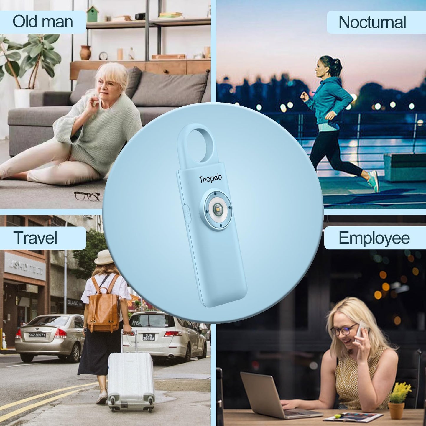 The original personal alarm for women, keychain with alarm, rechargeable, 135 dB siren, strobe light, SOS LED light. Helps seniors and children in emergencies. (Aqua)