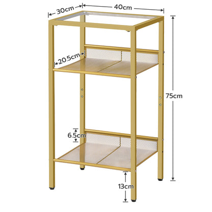 HOOBRO Side Table Gold, Telephone Table, 3-Tier Nightstand with Tempered Glass Top and Grid, Coffee Table for Living Room, Bedroom, Gold Color EGD04DH01