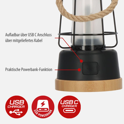 Brennenstuhl LED Battery Camping Lantern CAL 1 AC (350lm, IP44, up to 75h battery life, dimmable, adjustable color temperature, rechargeable USB C outdoor lamp with hemp rope and bamboo base)