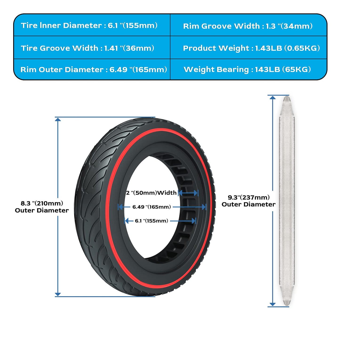 OUXI Xiaomi M365 8.5" Solid Replacement Wheels for Xiaomi Mijia M365/M365 Pro Electric Scooter, Solid Rubber Tire, High Elasticity, New Red Circle, Colorful Style.