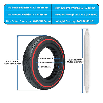 OUXI Xiaomi M365 8.5" Solid Replacement Wheels for Xiaomi Mijia M365/M365 Pro Electric Scooter, Solid Rubber Tire, High Elasticity, New Red Circle, Colorful Style.