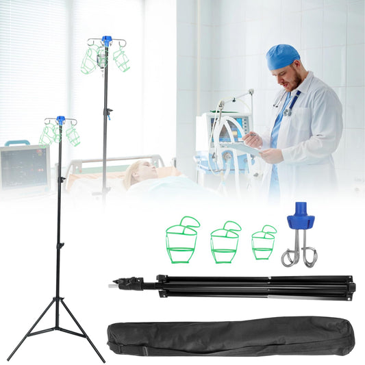 IV stand with 4 hooks and 3 mesh bags, collapsible tripod for IV infusion stands, portable mobile infusion bottle stand