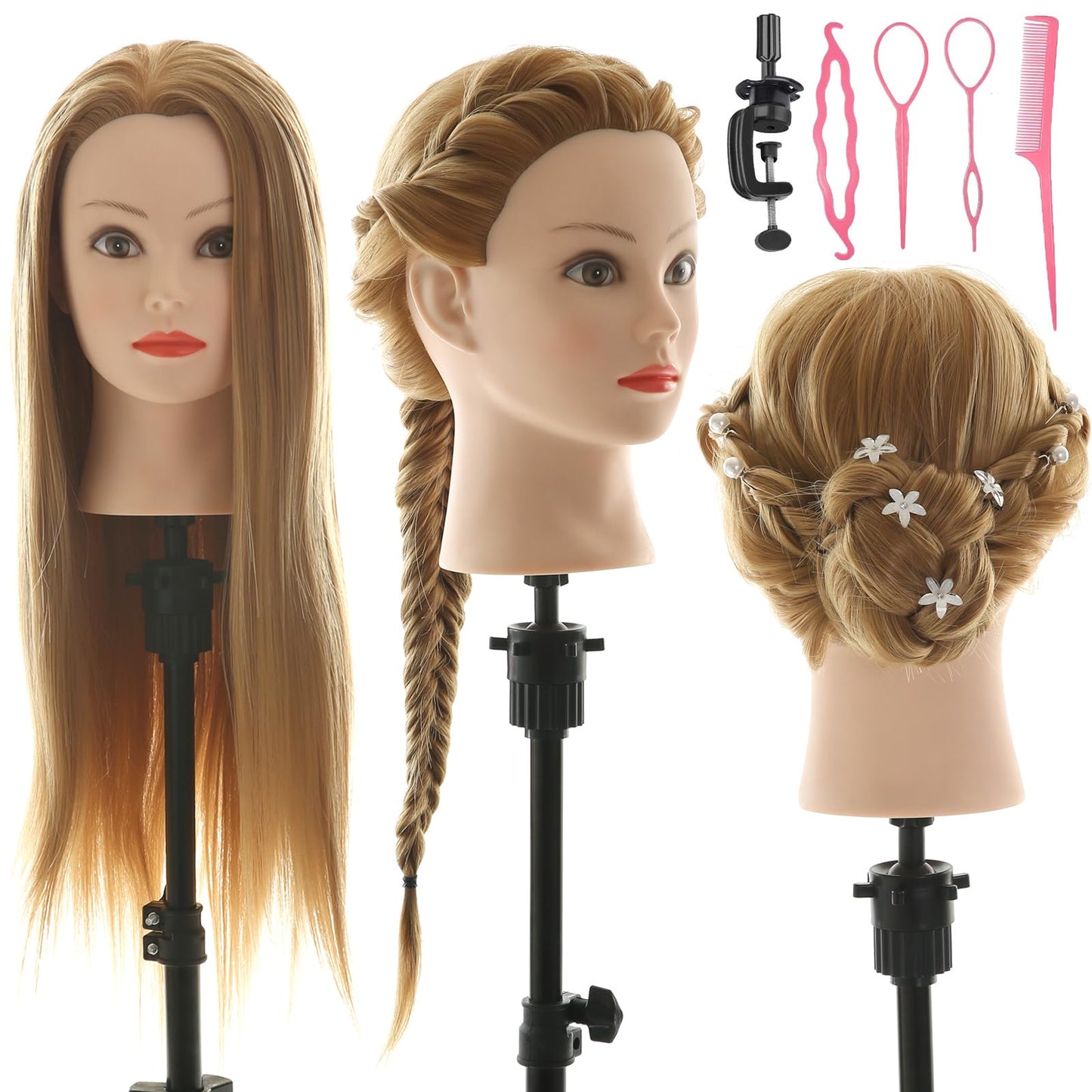 Mannequin Head Hairdresser Real Hair 100% Synthetic Hair Hairdresser Head Practice Head Hairdresser 26” Training Heads Doll Head Hairdresser Head With Stand + DIY Hair Set
