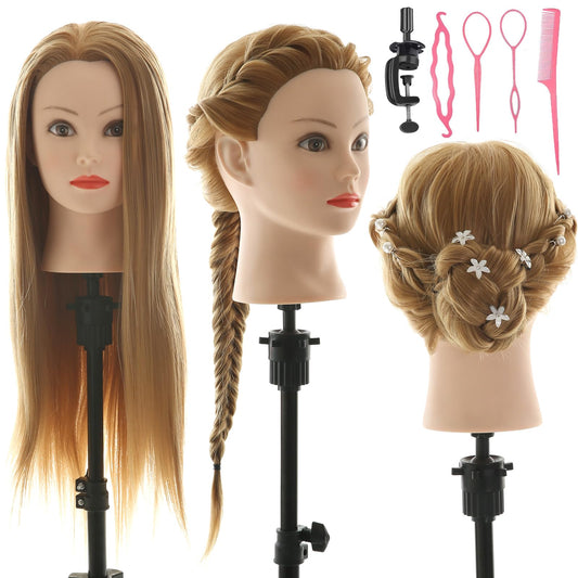 Mannequin Head Hairdresser Real Hair 100% Synthetic Hair Hairdresser Head Practice Head Hairdresser 26” Training Heads Doll Head Hairdresser Head With Stand + DIY Hair Set