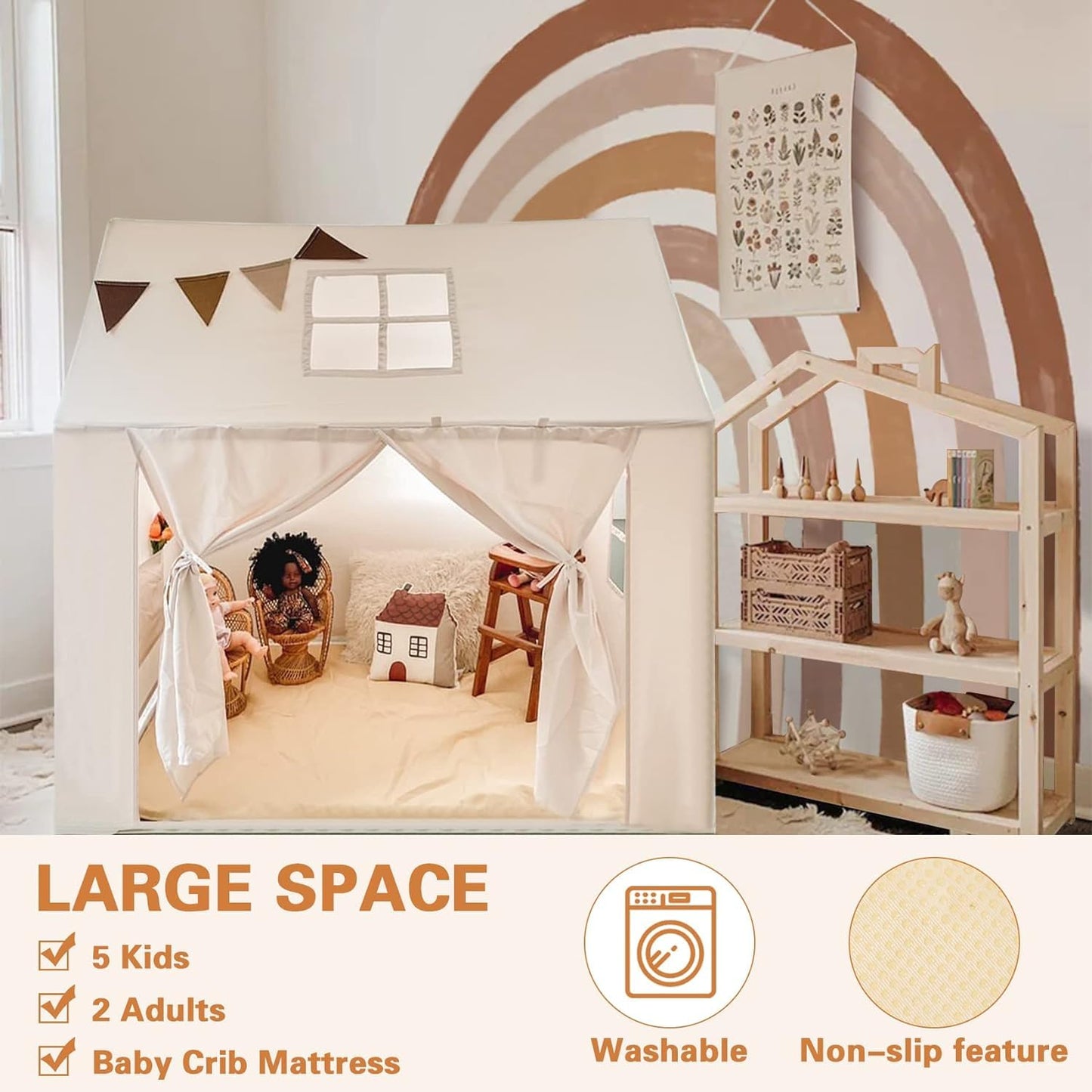 NIUEVLRS Children's Tent with Mat, Indoor Play Tent, Outdoor Kids Playhouse, Play Tent with Windows and Roll-up Door for Boys and Girls, Lights and Flags, 132 x 90 x 132 cm