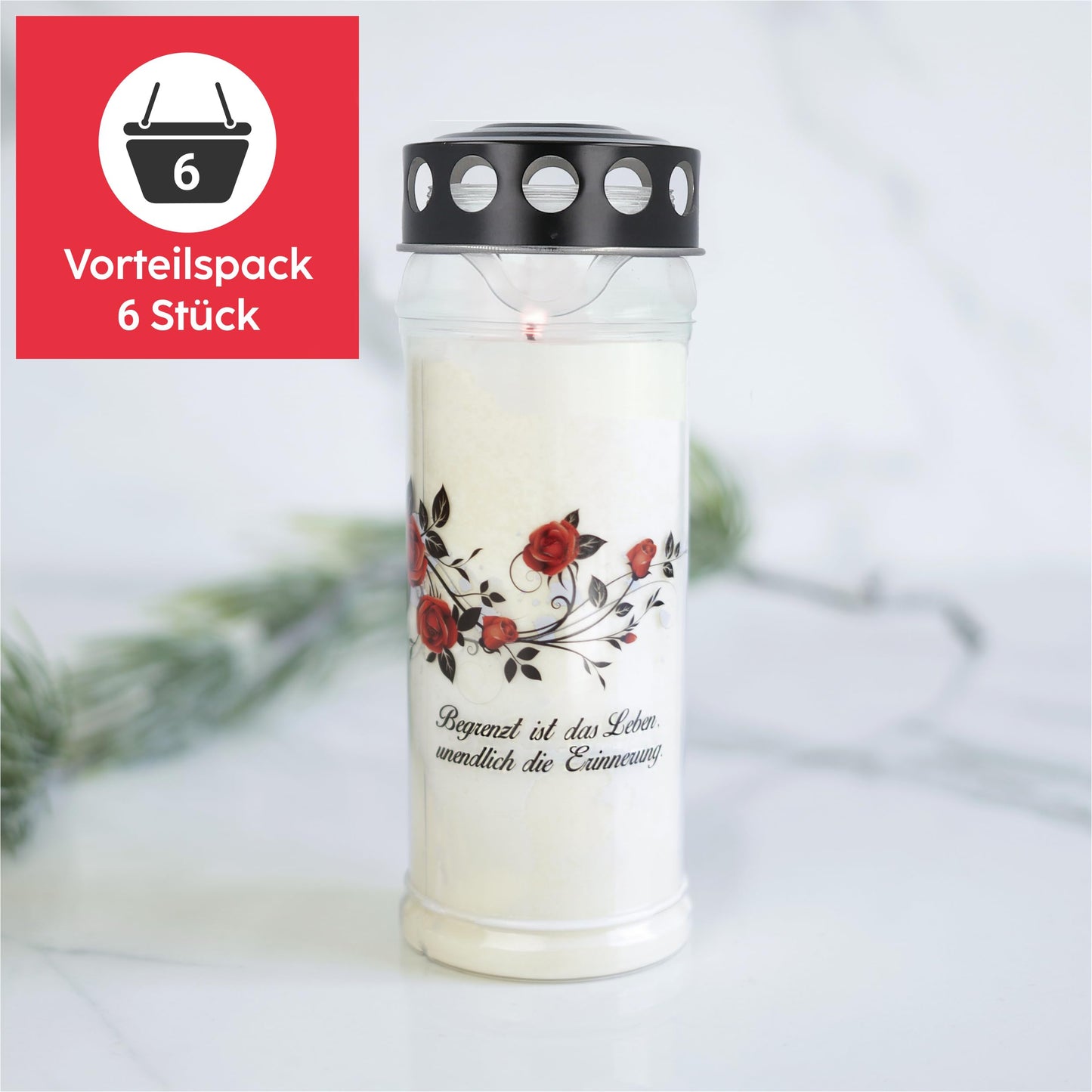 6er set HOFER GRAVE CANDLES 7 days burning time - The Original [Black Sorrow] Mourning Candles with Lid | Grave Light, Cemetery Candle with Design and Quote | Candles for Grave Decoration and Memorial