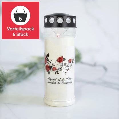 6er set HOFER GRAVE CANDLES 7 days burning time - The Original [Black Sorrow] Mourning Candles with Lid | Grave Light, Cemetery Candle with Design and Quote | Candles for Grave Decoration and Memorial