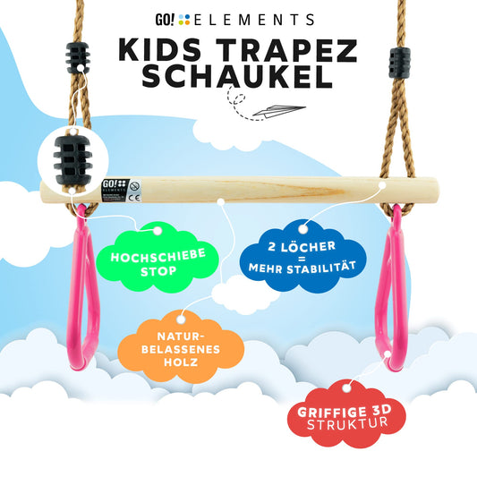GO!elements Trapeze Swing Garden - Children's Swing Outdoor Indoor - Swing Seat Swing Board Board Swing for Kids to Swing - Height Adjustable - Non-slip - Color: Pink
