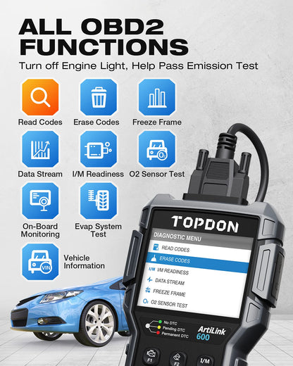 TOPDON OBD2 diagnostic tool with oil reset, BMS, SAS, car diagnostic tool for all vehicles for ABS and SRS system diagnosis, active test, lifetime free updates. Runs on batteries, black.