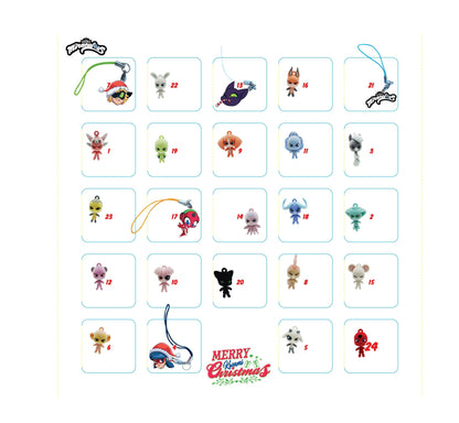 Miraculous Ladybug - Ultimate Kwami Advent Calendar with mini flocked Kwamis and EVA charms, seasonal charms, a collectible for kids for Christmas with hooks and strings (Wyncor), blue.