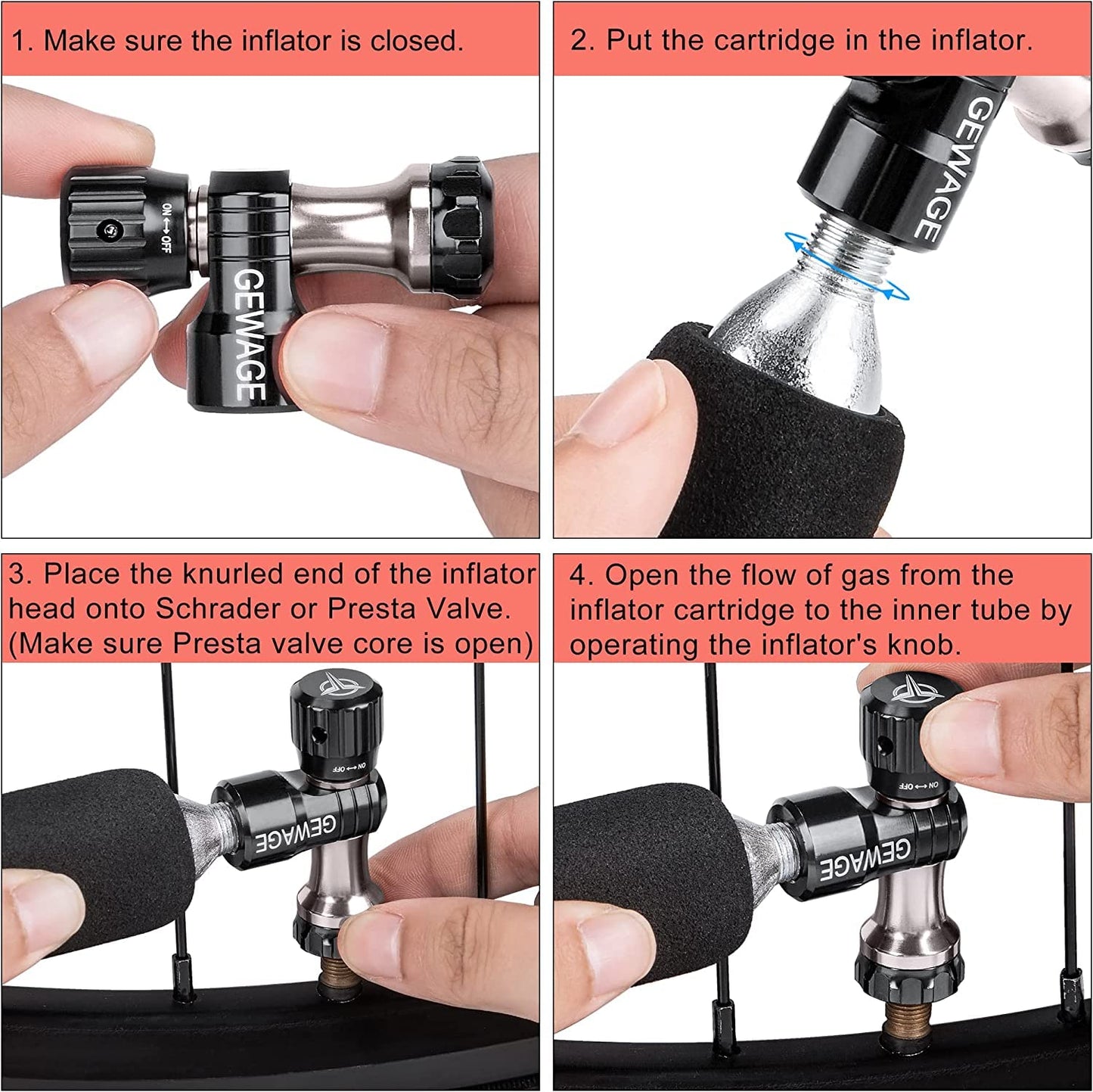DARE CO2 bicycle pump for bike tires - CO2 bike pump including 4 pack CO2 cartridges 16g with thread and compatible Presta & Schrader valve for mountain bike and road bike. (Black)