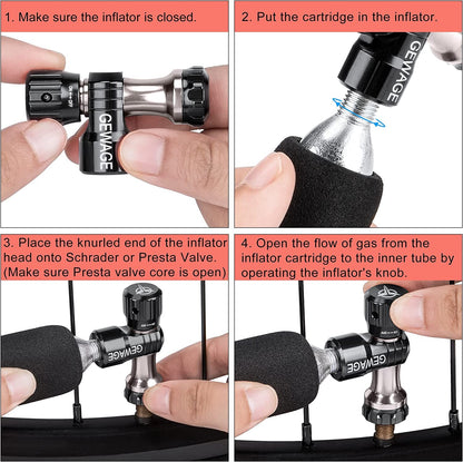 DARE CO2 bicycle pump for bike tires - CO2 bike pump including 4 pack CO2 cartridges 16g with thread and compatible Presta & Schrader valve for mountain bike and road bike. (Black)