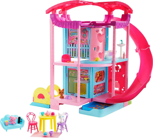 Barbie Chelsea Playhouse - 3 floors with transformation function, secret play areas, elevator, pool, slide, 2 pets, and over 20 accessories, for children ages 3 and up, HHX44.