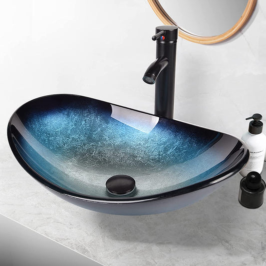 ARTETHYS glass countertop sink with faucet drain, oval washbasin washbasin set in blue, black, for bathroom, kitchen, guest WC.
