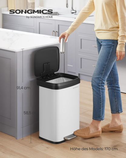 SONGMICS Kitchen Trash Can, 50L Garbage Bin, Metal Pedal Trash Can with Lid, Tall, Slim, and Spacious, White-Black LTB530W5002