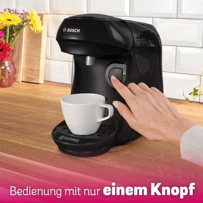 Bosch Tassimo happy friendly capsule machine TAS102EA, over 70 drinks, suitable for all cup sizes, auto-off function, sustainable, includes descaling tablets, compact design, 1400 W, black