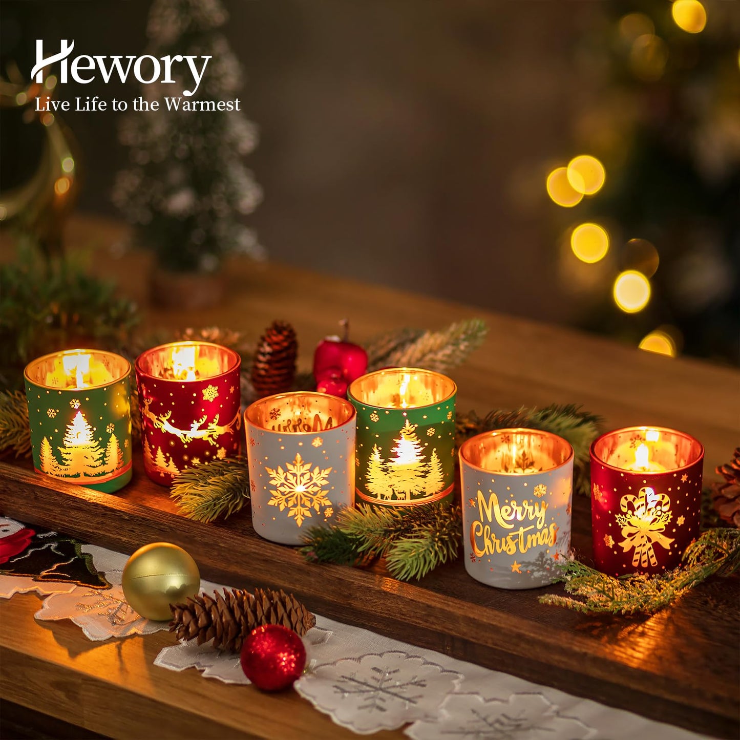 Tealight holder Christmas lantern Christmas decoration table: Hewory 6-piece set tea light glasses Christmas deco candle holder for table decoration Christmas party decoration red green white