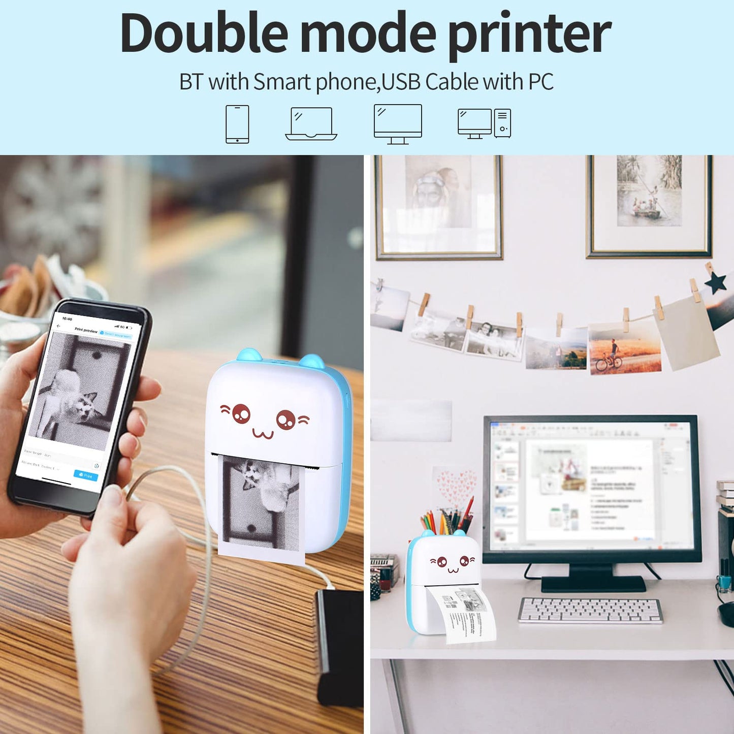 Mini printer pocket printer thermal photo printer image photo labels memo receipt paper printer photo printer with 15 rolls of printer paper compatible with Android, iOS system for journal, travel