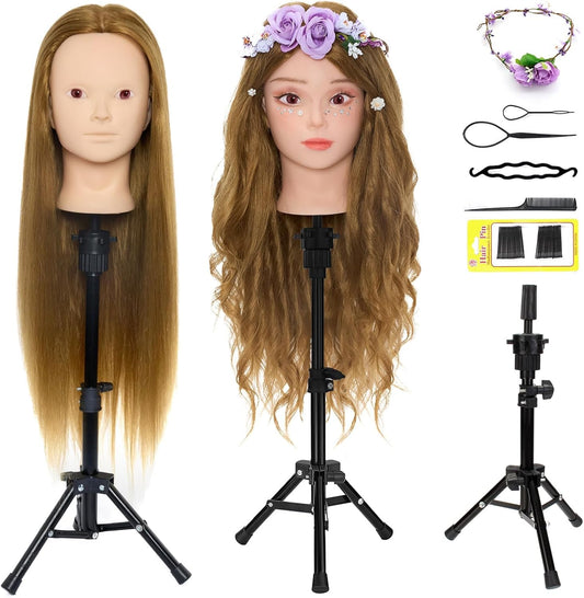 Neverland 24 inch Makeup Head Styling Head Hairdresser with Stand 50% Human Hair Practice Head Training Heads Doll Head Barber Head Training Head With Holder + Hair Styling Braid Set