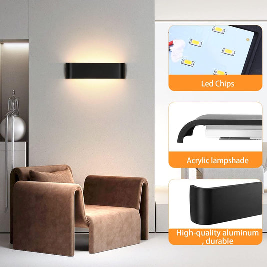 Lightess 2 Pack 16W Wall Light Hallway Wall Lamp Black Indoor LED Modern Up Down Light Corridor Wall Warm White Staircase Lighting IP44 for Living Room Bedroom Hallway Stairs, made of Aluminum.