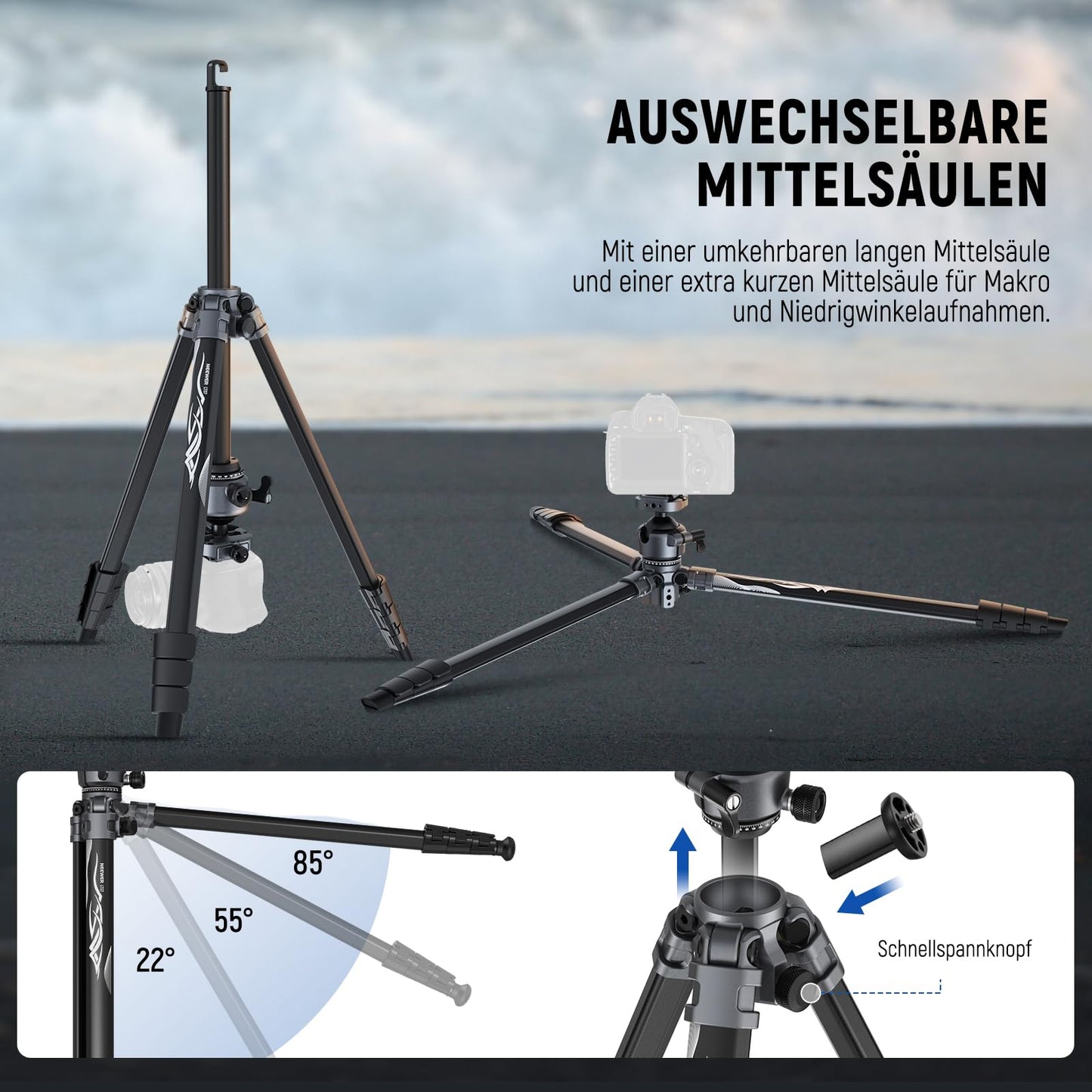 NEEWER LITETRIP LT07 61" Aluminum Travel Tripod, Camera Tripod with Pan Tilt Low Profile Ball Head Arca QR Plate compatible with Peak Design Tripod Plate V3, 2 in 1 Phone Clip Handle Max Load 22lb